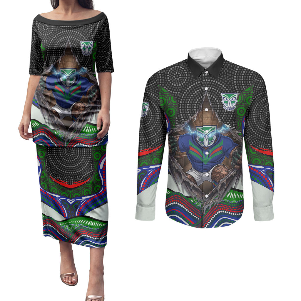 New Zealand Warriors Couples Matching Puletasi and Long Sleeve Button Shirt The Scream of Lightning Eyes - Indigenous Dot Ripping Effect