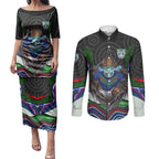 New Zealand Warriors Couples Matching Puletasi and Long Sleeve Button Shirt The Scream of Lightning Eyes - Indigenous Dot Ripping Effect