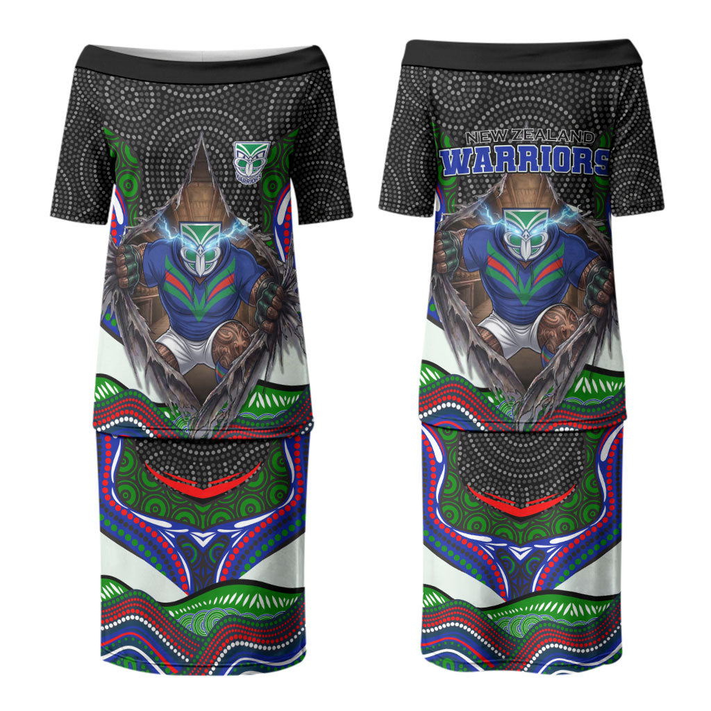 New Zealand Warriors Couples Matching Puletasi and Long Sleeve Button Shirt The Scream of Lightning Eyes - Indigenous Dot Ripping Effect
