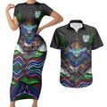 New Zealand Warriors Couples Matching Short Sleeve Bodycon Dress and Hawaiian Shirt The Scream of Lightning Eyes - Indigenous Dot Ripping Effect