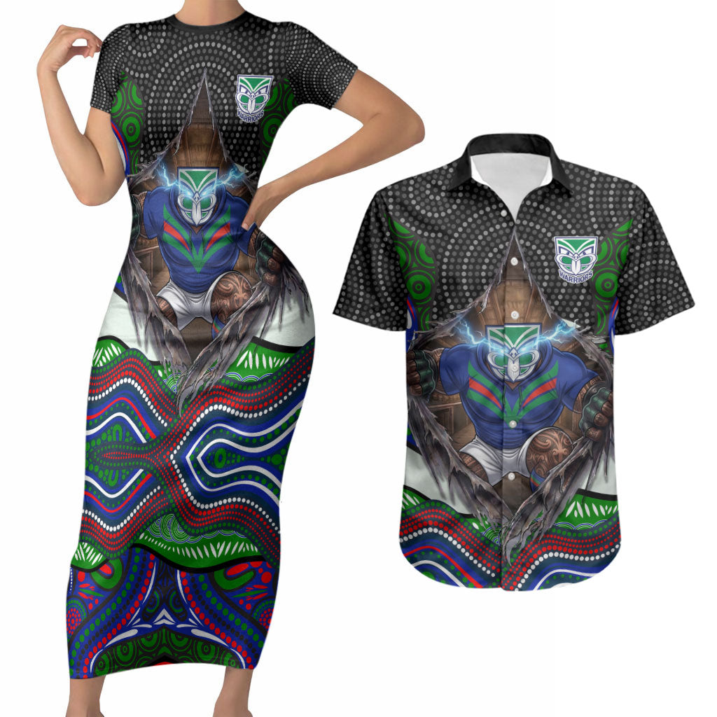 New Zealand Warriors Couples Matching Short Sleeve Bodycon Dress and Hawaiian Shirt The Scream of Lightning Eyes - Indigenous Dot Ripping Effect