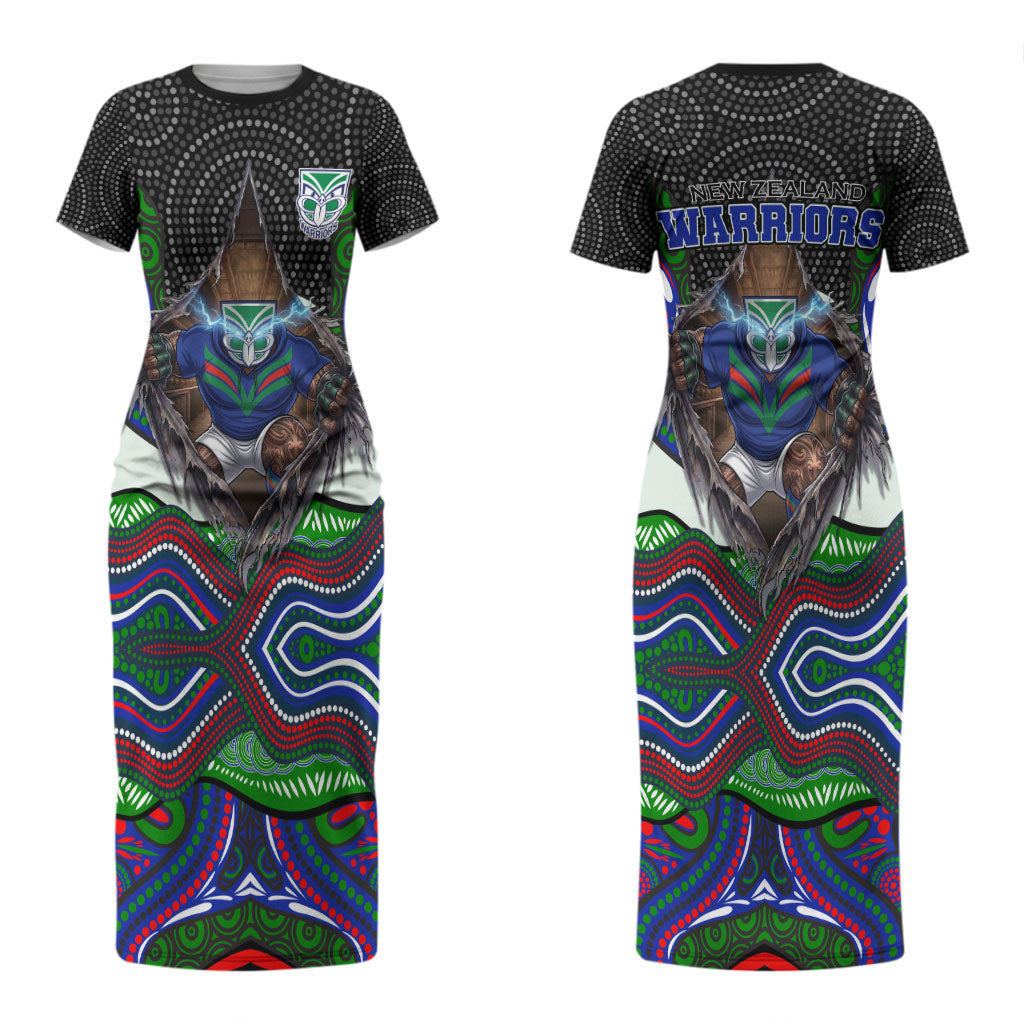 New Zealand Warriors Couples Matching Short Sleeve Bodycon Dress and Hawaiian Shirt The Scream of Lightning Eyes - Indigenous Dot Ripping Effect