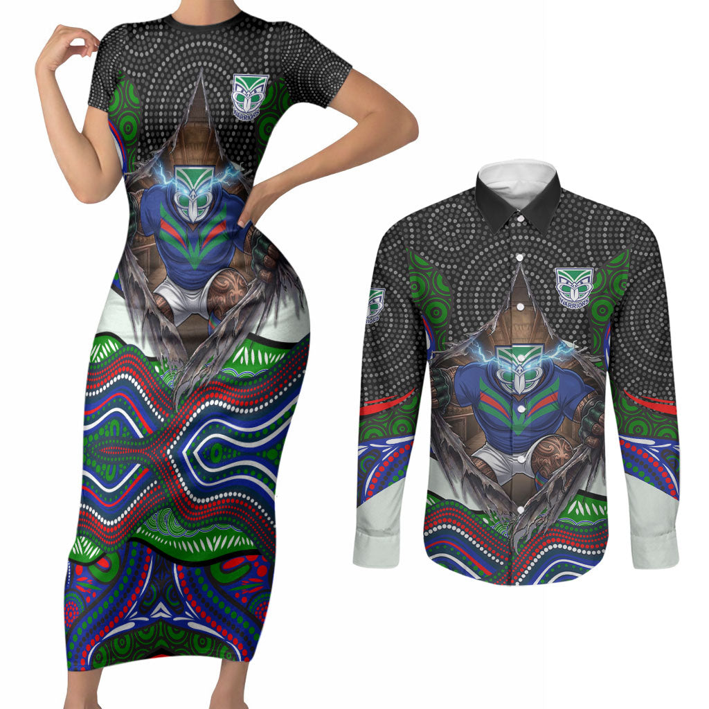 New Zealand Warriors Couples Matching Short Sleeve Bodycon Dress and Long Sleeve Button Shirt The Scream of Lightning Eyes - Indigenous Dot Ripping Effect