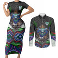 New Zealand Warriors Couples Matching Short Sleeve Bodycon Dress and Long Sleeve Button Shirt The Scream of Lightning Eyes - Indigenous Dot Ripping Effect