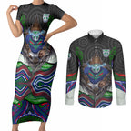 New Zealand Warriors Couples Matching Short Sleeve Bodycon Dress and Long Sleeve Button Shirt The Scream of Lightning Eyes - Indigenous Dot Ripping Effect