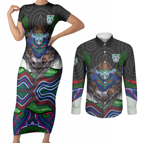 New Zealand Warriors Couples Matching Short Sleeve Bodycon Dress and Long Sleeve Button Shirt The Scream of Lightning Eyes - Indigenous Dot Ripping Effect