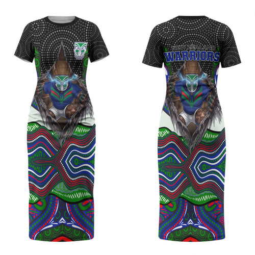 New Zealand Warriors Couples Matching Short Sleeve Bodycon Dress and Long Sleeve Button Shirt The Scream of Lightning Eyes - Indigenous Dot Ripping Effect