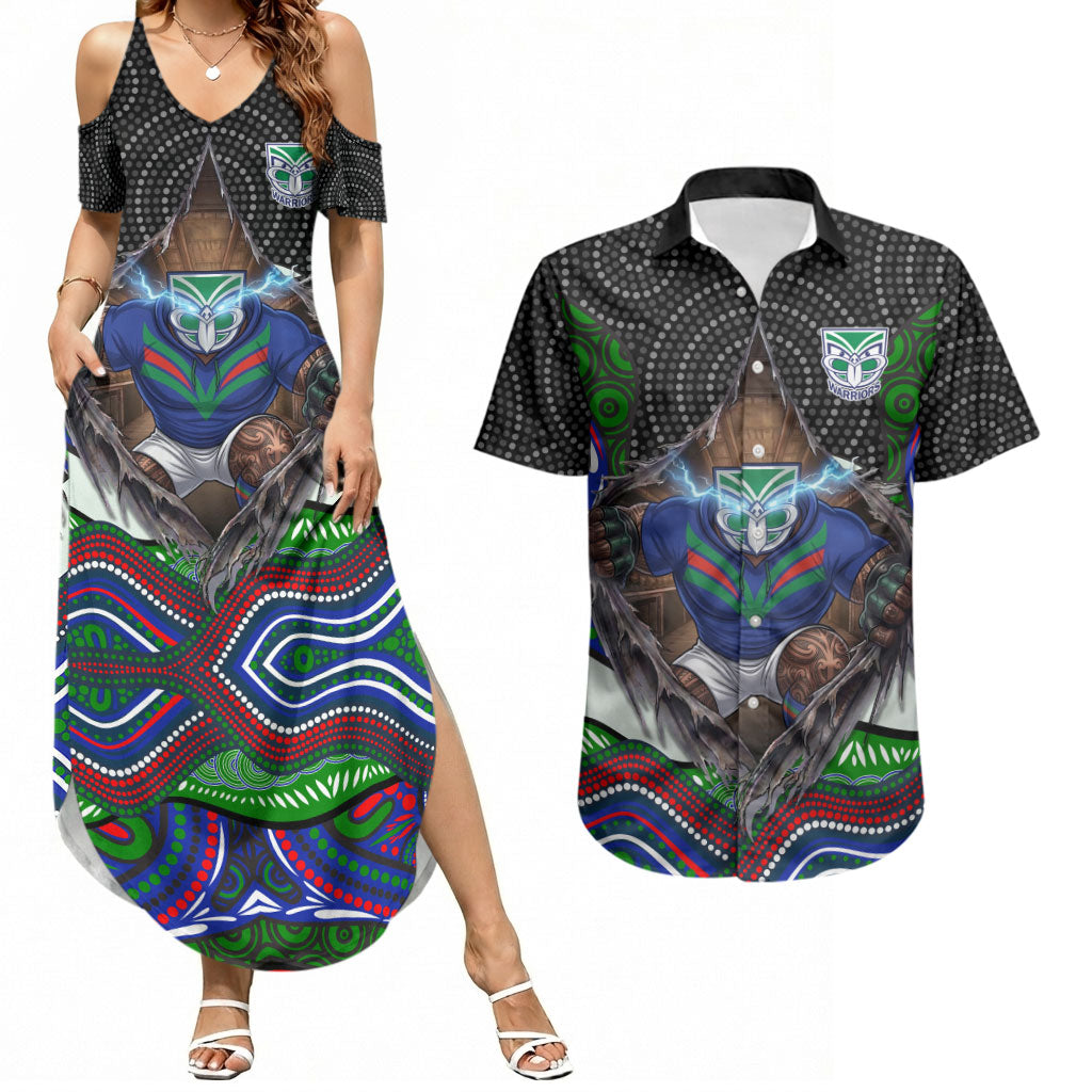 New Zealand Warriors Couples Matching Summer Maxi Dress and Hawaiian Shirt The Scream of Lightning Eyes - Indigenous Dot Ripping Effect