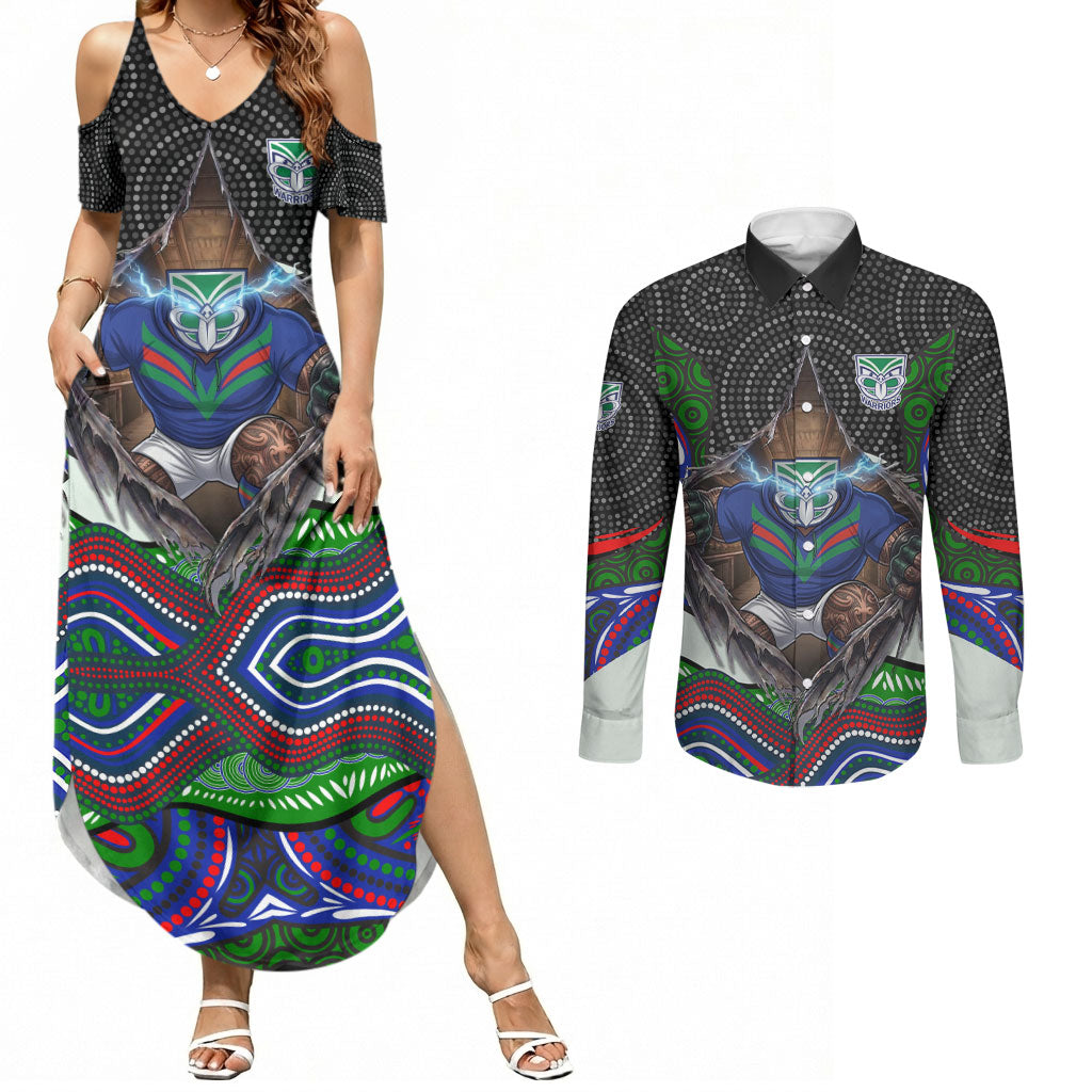 New Zealand Warriors Couples Matching Summer Maxi Dress and Long Sleeve Button Shirt The Scream of Lightning Eyes - Indigenous Dot Ripping Effect