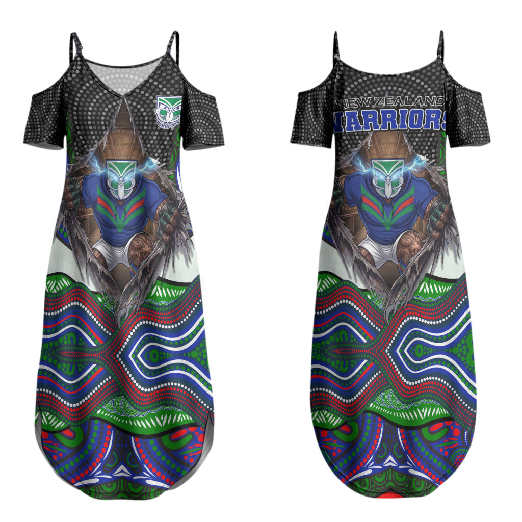 New Zealand Warriors Couples Matching Summer Maxi Dress and Long Sleeve Button Shirt The Scream of Lightning Eyes - Indigenous Dot Ripping Effect