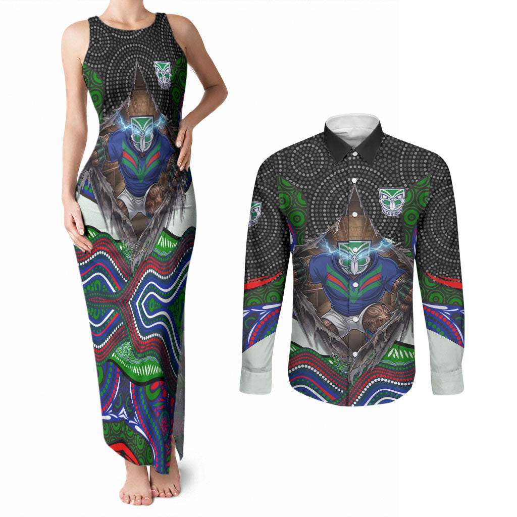 New Zealand Warriors Couples Matching Tank Maxi Dress and Long Sleeve Button Shirt The Scream of Lightning Eyes - Indigenous Dot Ripping Effect