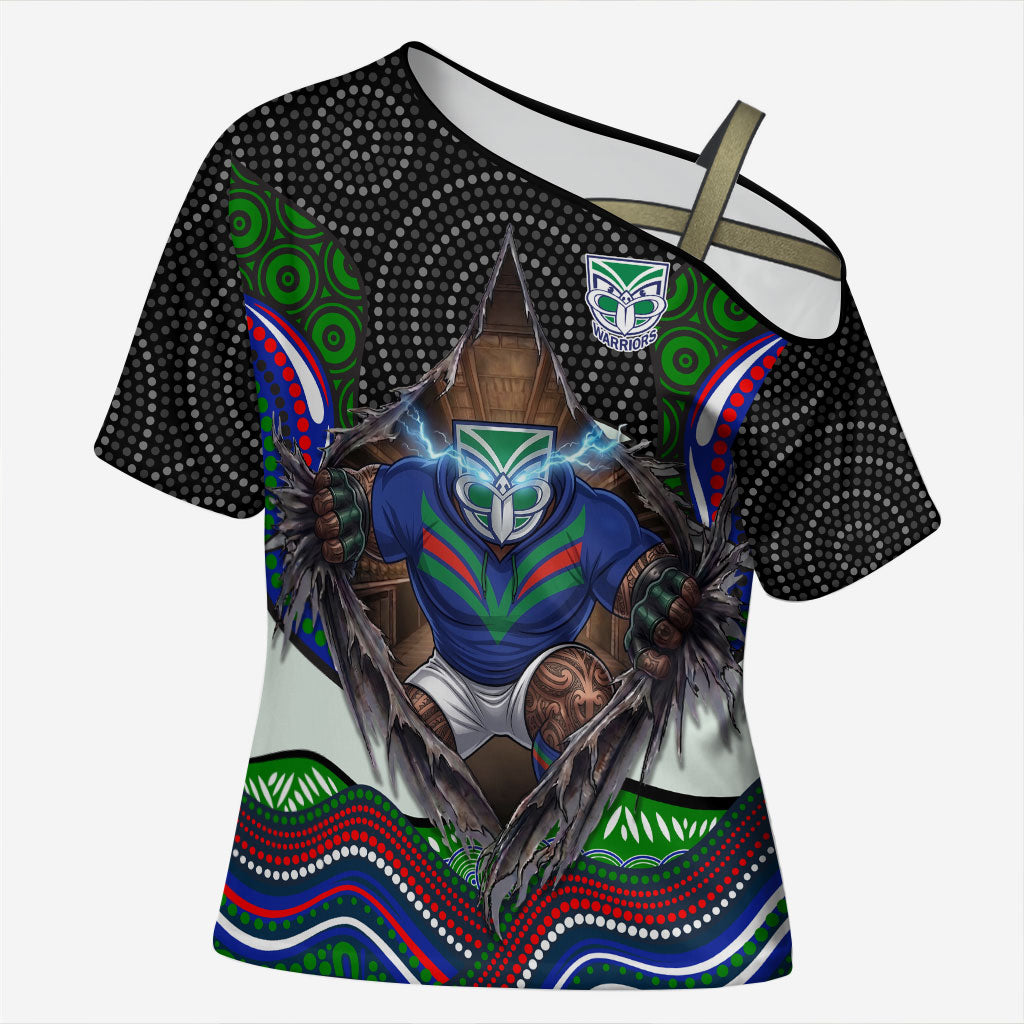 New Zealand Warriors Cross Shoulder Shirt The Scream of Lightning Eyes - Indigenous Dot Ripping Effect