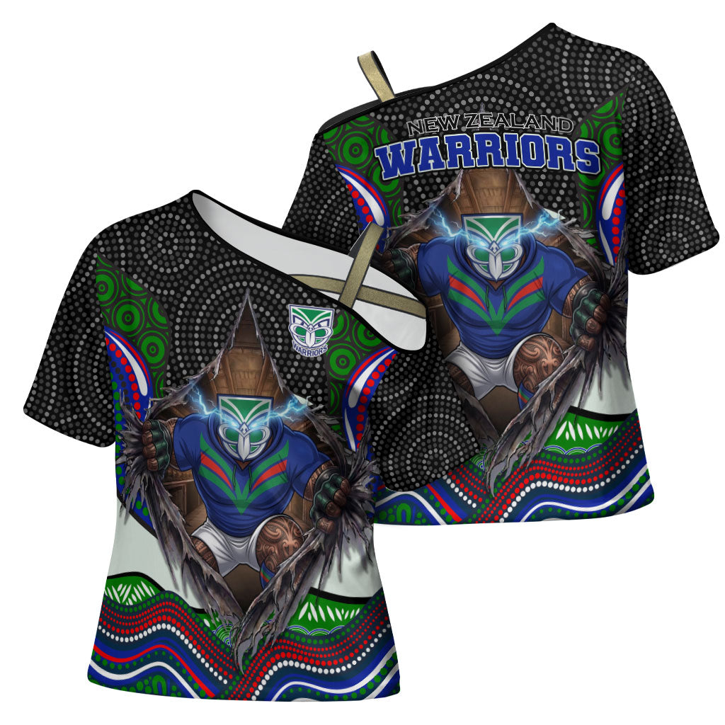 New Zealand Warriors Cross Shoulder Shirt The Scream of Lightning Eyes - Indigenous Dot Ripping Effect
