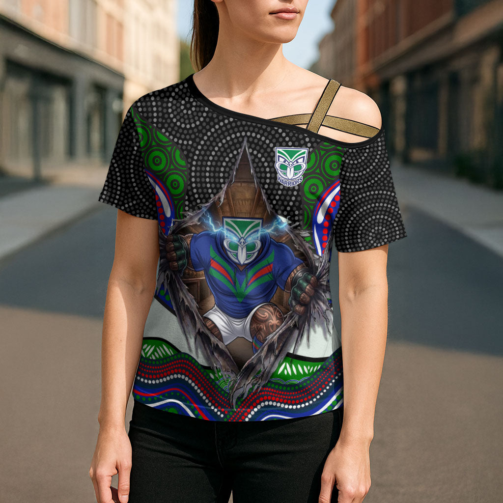 New Zealand Warriors Cross Shoulder Shirt The Scream of Lightning Eyes - Indigenous Dot Ripping Effect