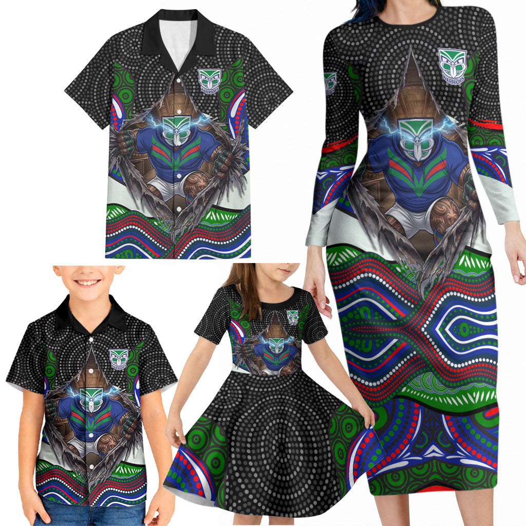 New Zealand Warriors Family Matching Long Sleeve Bodycon Dress and Hawaiian Shirt The Scream of Lightning Eyes - Indigenous Dot Ripping Effect