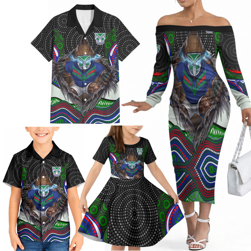 New Zealand Warriors Family Matching Off The Shoulder Long Sleeve Dress and Hawaiian Shirt The Scream of Lightning Eyes - Indigenous Dot Ripping Effect