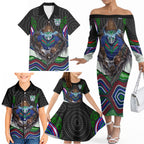 New Zealand Warriors Family Matching Off The Shoulder Long Sleeve Dress and Hawaiian Shirt The Scream of Lightning Eyes - Indigenous Dot Ripping Effect