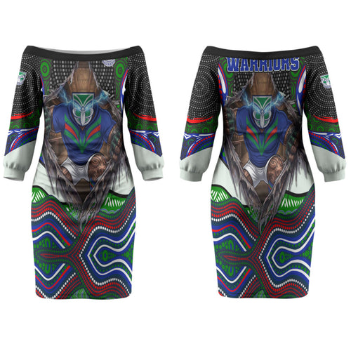 New Zealand Warriors Family Matching Off The Shoulder Long Sleeve Dress and Hawaiian Shirt The Scream of Lightning Eyes - Indigenous Dot Ripping Effect
