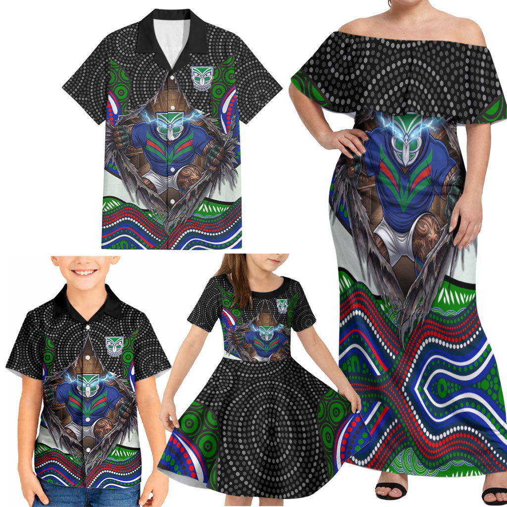 New Zealand Warriors Family Matching Off Shoulder Maxi Dress and Hawaiian Shirt The Scream of Lightning Eyes - Indigenous Dot Ripping Effect