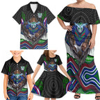 New Zealand Warriors Family Matching Off Shoulder Maxi Dress and Hawaiian Shirt The Scream of Lightning Eyes - Indigenous Dot Ripping Effect