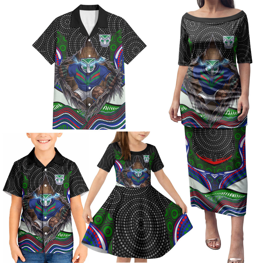 New Zealand Warriors Family Matching Puletasi and Hawaiian Shirt The Scream of Lightning Eyes - Indigenous Dot Ripping Effect