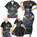 New Zealand Warriors Family Matching Short Sleeve Bodycon Dress and Hawaiian Shirt The Scream of Lightning Eyes - Indigenous Dot Ripping Effect