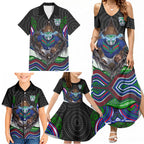 New Zealand Warriors Family Matching Summer Maxi Dress and Hawaiian Shirt The Scream of Lightning Eyes - Indigenous Dot Ripping Effect
