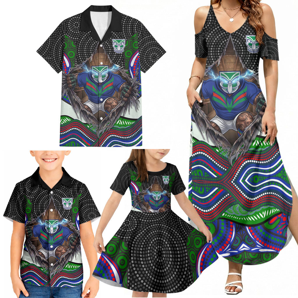 New Zealand Warriors Family Matching Summer Maxi Dress and Hawaiian Shirt The Scream of Lightning Eyes - Indigenous Dot Ripping Effect
