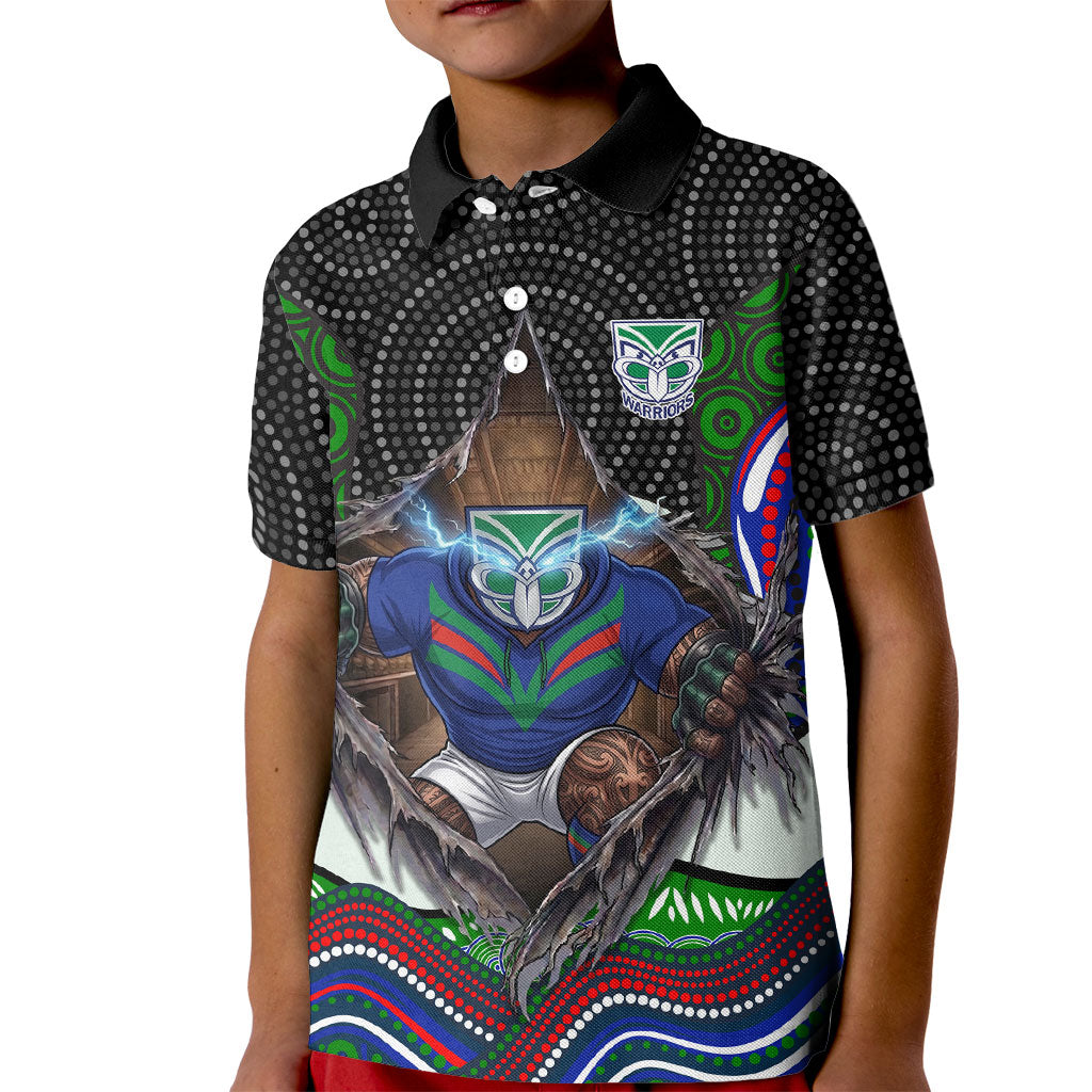 New Zealand Warriors Kid Polo Shirt The Scream of Lightning Eyes - Indigenous Dot Ripping Effect