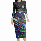 New Zealand Warriors Long Sleeve Bodycon Dress The Scream of Lightning Eyes - Indigenous Dot Ripping Effect