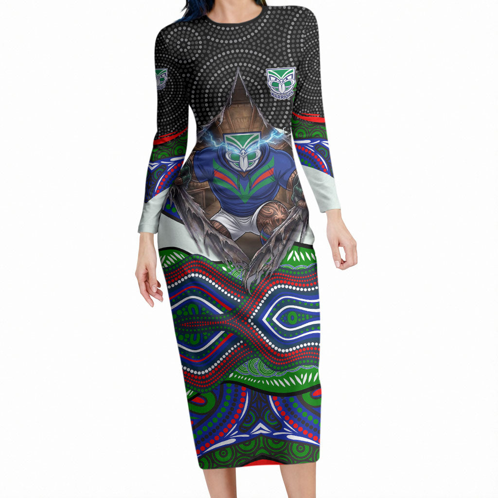 New Zealand Warriors Long Sleeve Bodycon Dress The Scream of Lightning Eyes - Indigenous Dot Ripping Effect