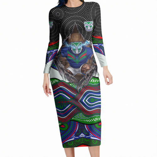 New Zealand Warriors Long Sleeve Bodycon Dress The Scream of Lightning Eyes - Indigenous Dot Ripping Effect