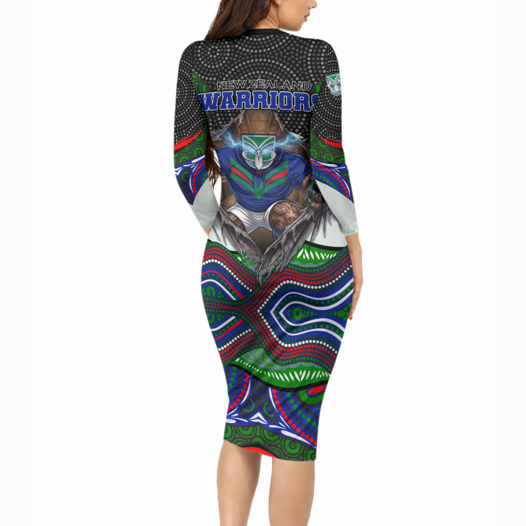 New Zealand Warriors Long Sleeve Bodycon Dress The Scream of Lightning Eyes - Indigenous Dot Ripping Effect