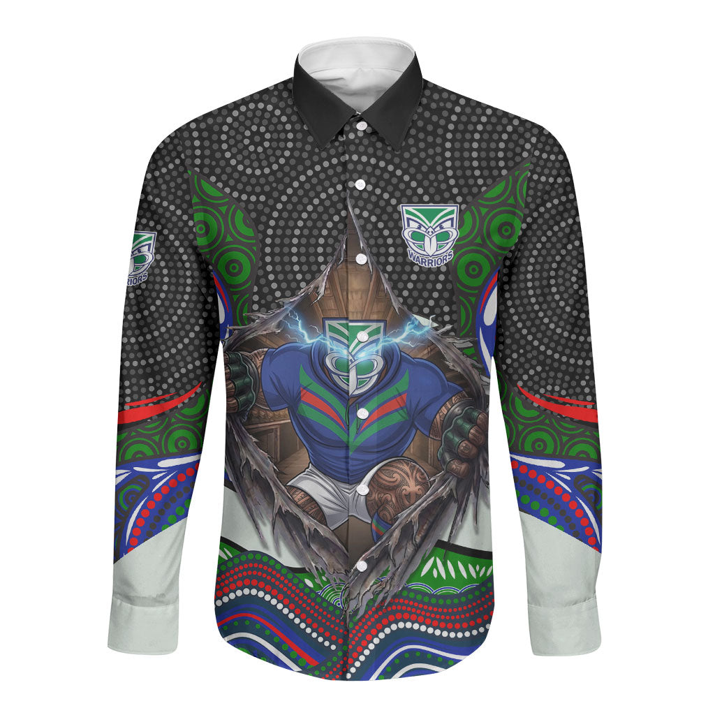 New Zealand Warriors Long Sleeve Button Shirt The Scream of Lightning Eyes - Indigenous Dot Ripping Effect