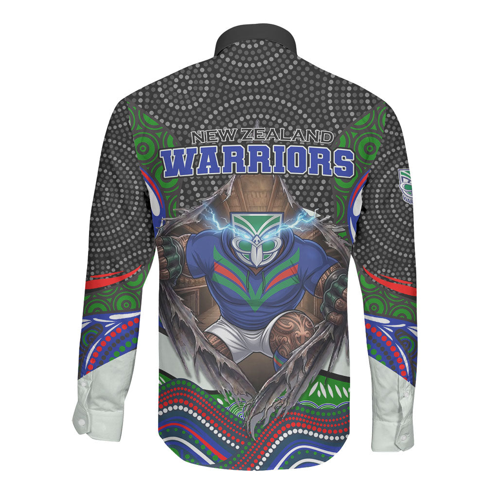 New Zealand Warriors Long Sleeve Button Shirt The Scream of Lightning Eyes - Indigenous Dot Ripping Effect