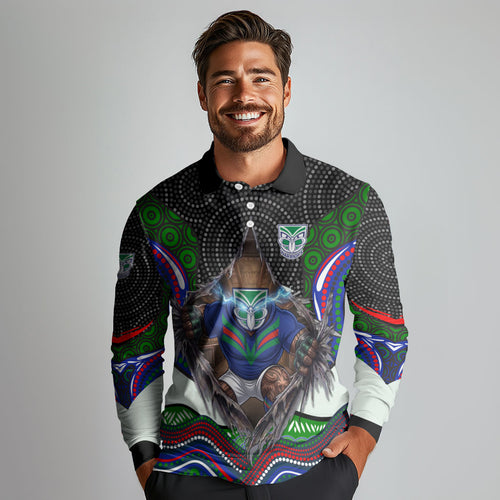 New Zealand Warriors Long Sleeve Polo Shirt The Scream of Lightning Eyes - Indigenous Dot Ripping Effect