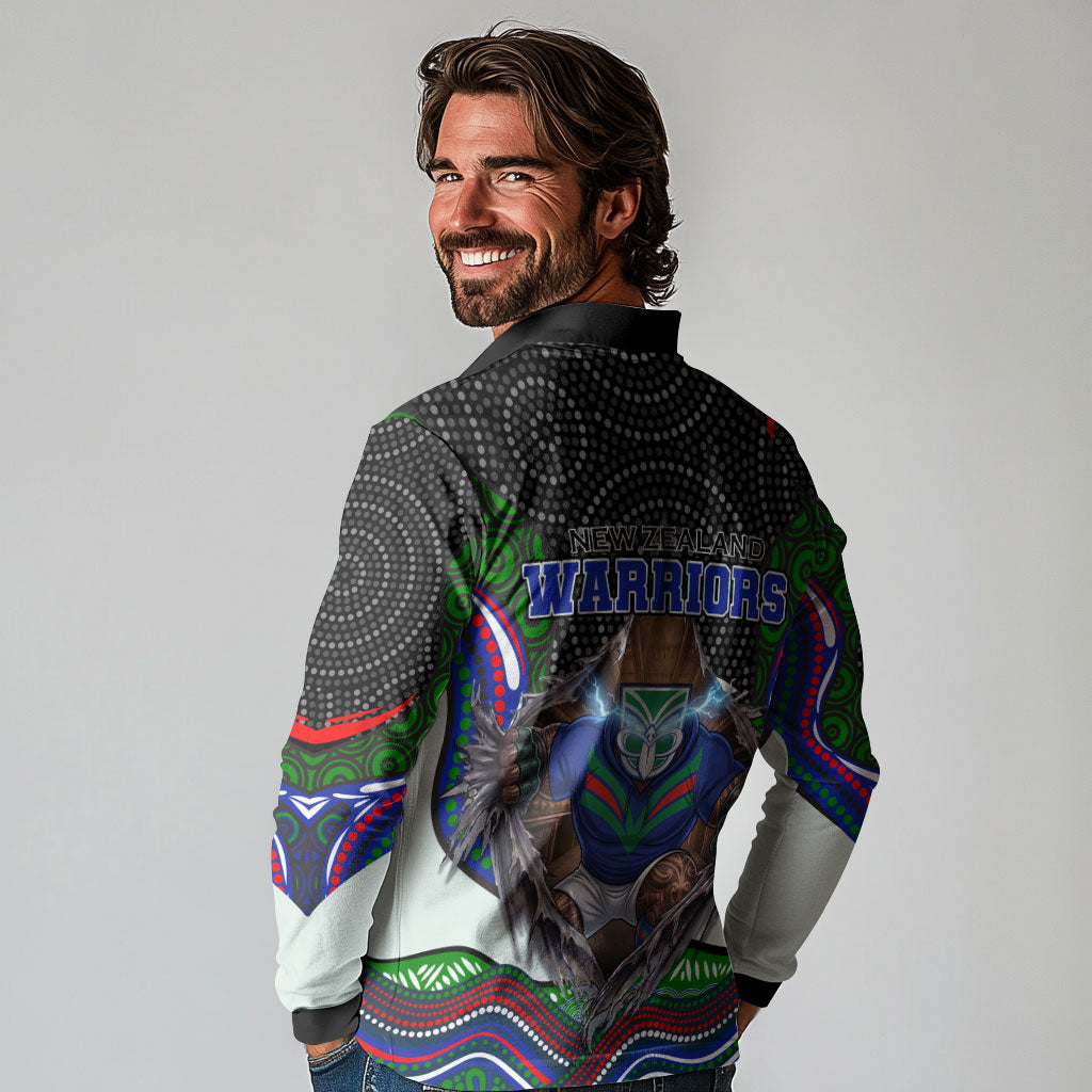 New Zealand Warriors Long Sleeve Polo Shirt The Scream of Lightning Eyes - Indigenous Dot Ripping Effect