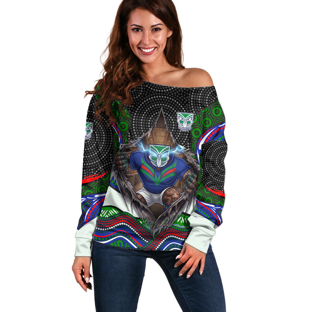 New Zealand Warriors Off Shoulder Sweater The Scream of Lightning Eyes - Indigenous Dot Ripping Effect
