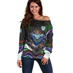 New Zealand Warriors Off Shoulder Sweater The Scream of Lightning Eyes - Indigenous Dot Ripping Effect