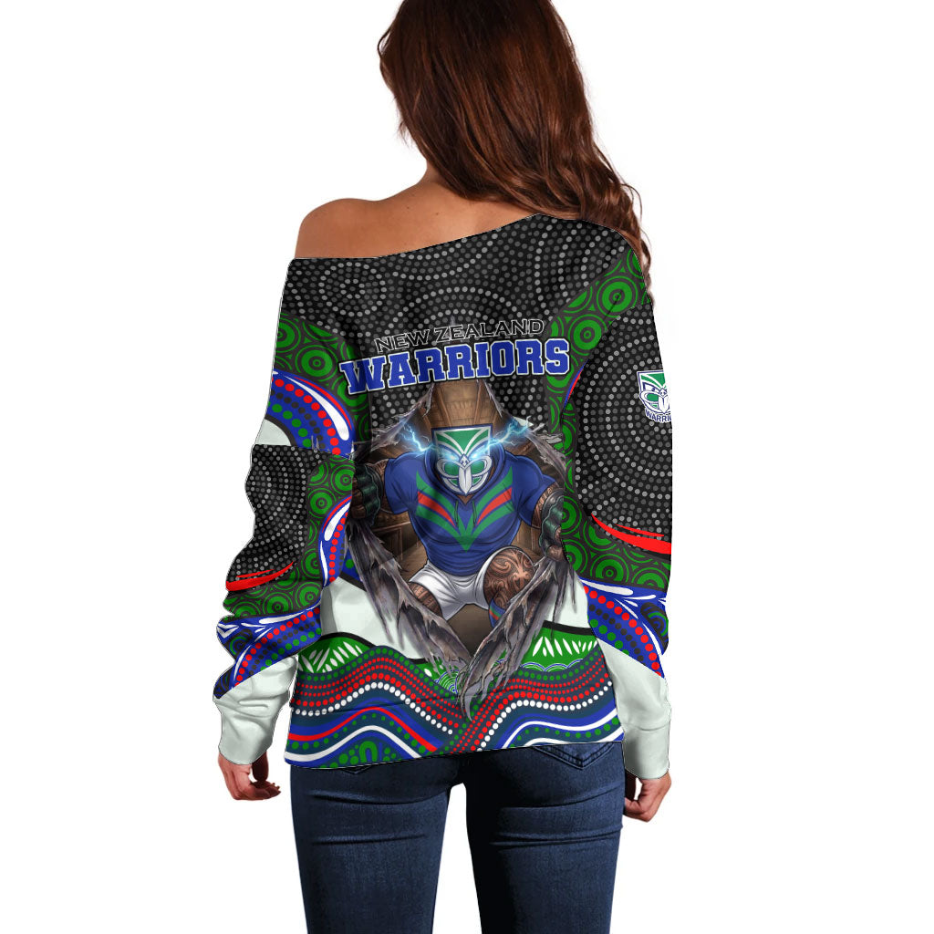 New Zealand Warriors Off Shoulder Sweater The Scream of Lightning Eyes - Indigenous Dot Ripping Effect
