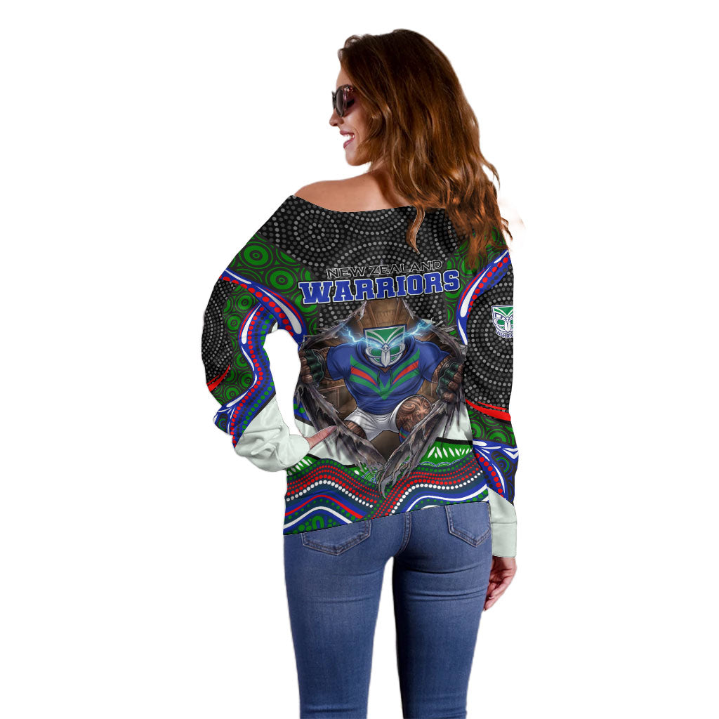 New Zealand Warriors Off Shoulder Sweater The Scream of Lightning Eyes - Indigenous Dot Ripping Effect
