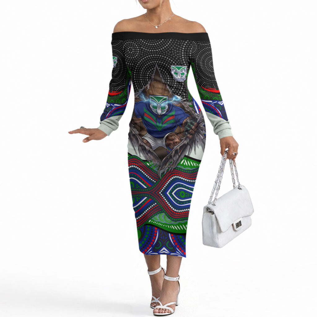 New Zealand Warriors Off The Shoulder Long Sleeve Dress The Scream of Lightning Eyes - Indigenous Dot Ripping Effect