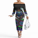 New Zealand Warriors Off The Shoulder Long Sleeve Dress The Scream of Lightning Eyes - Indigenous Dot Ripping Effect