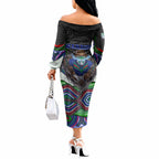 New Zealand Warriors Off The Shoulder Long Sleeve Dress The Scream of Lightning Eyes - Indigenous Dot Ripping Effect