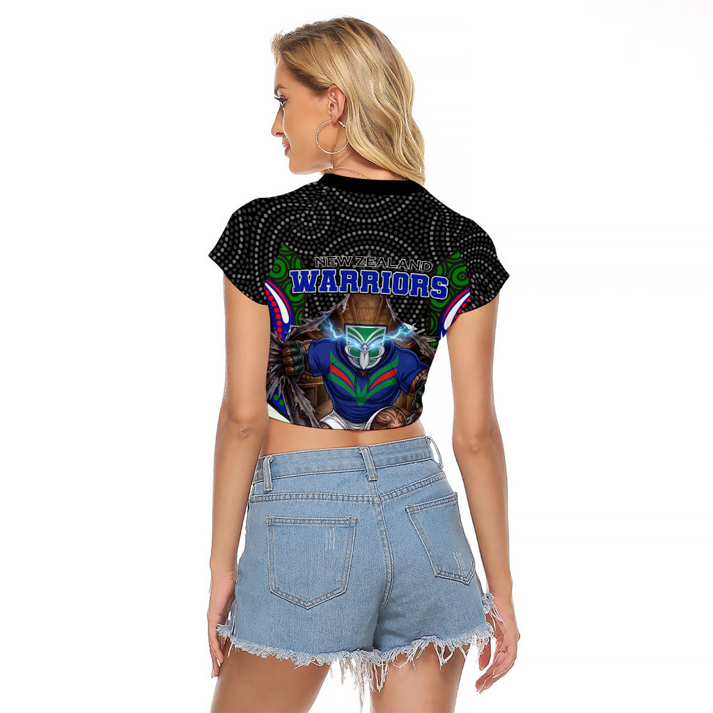 New Zealand Warriors Raglan Cropped T Shirt The Scream of Lightning Eyes - Indigenous Dot Ripping Effect