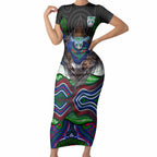 New Zealand Warriors Short Sleeve Bodycon Dress The Scream of Lightning Eyes - Indigenous Dot Ripping Effect