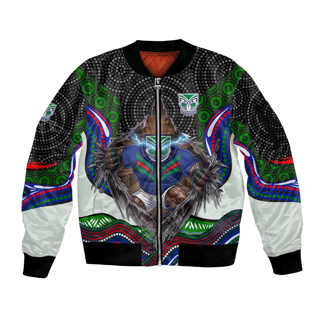 New Zealand Warriors Sleeve Zip Bomber Jacket The Scream of Lightning Eyes - Indigenous Dot Ripping Effect