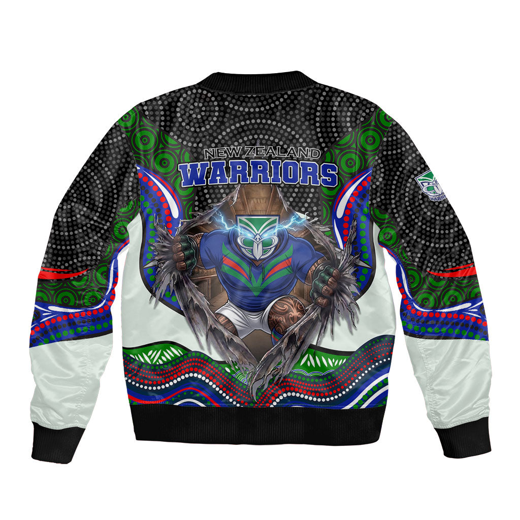 New Zealand Warriors Sleeve Zip Bomber Jacket The Scream of Lightning Eyes - Indigenous Dot Ripping Effect