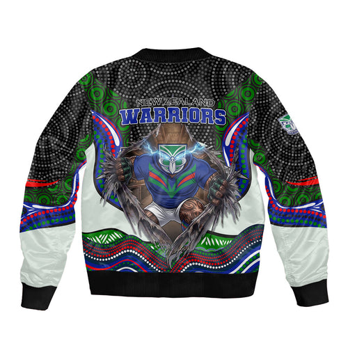 New Zealand Warriors Sleeve Zip Bomber Jacket The Scream of Lightning Eyes - Indigenous Dot Ripping Effect