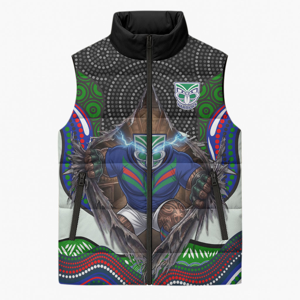 New Zealand Warriors Sleeveless Puffer Jacket The Scream of Lightning Eyes - Indigenous Dot Ripping Effect
